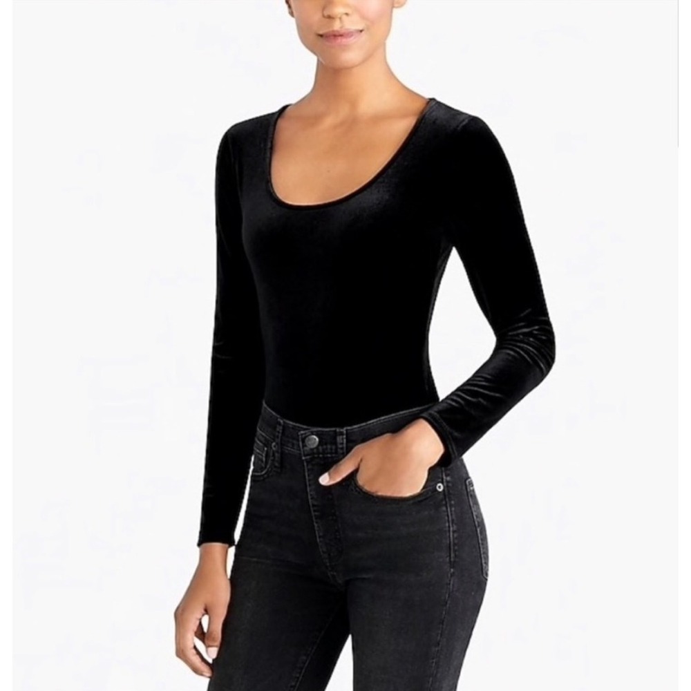 J.Crew Jeans Velvet Bodysuit Black Long Sleeve Scoop Neck J8697 XXS Minimalist
